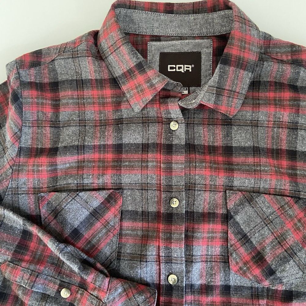 CQR Women's Plaid Red/Black/Gray Flannel Long‎ Sleeve Large Button Up